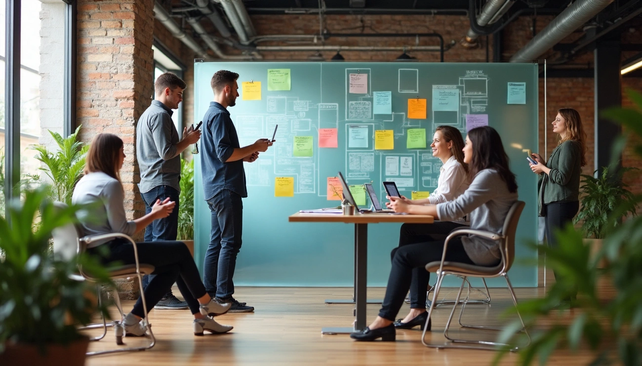 A team collaborates in a modern office using laptops and sticky notes on a glass board for planning and brainstorming.