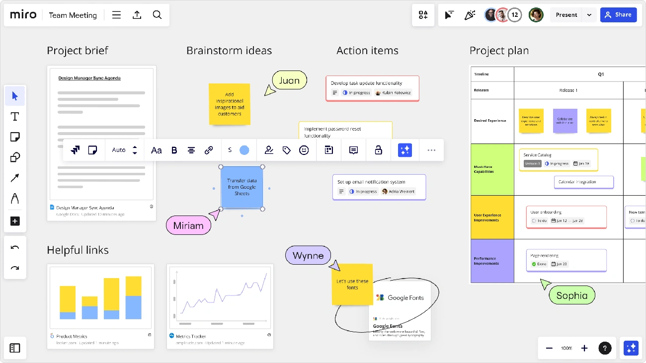 Digital whiteboard showing project brief, brainstorm ideas, action items, project plan, and helpful links for team collaboration.